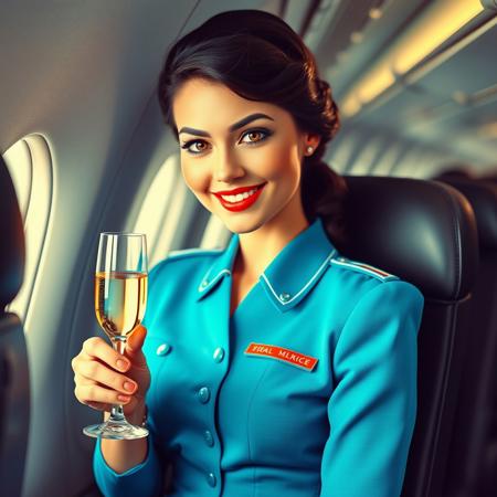 A vintage advertising poster with a beautiful student model in an azure flight attendant uniform in the passenger cabin. She offers champagne glasses during the flight. She has dark hair, beautiful eyes, well defined eyelashes and lipgloss. She makes eye contact with kind smile,