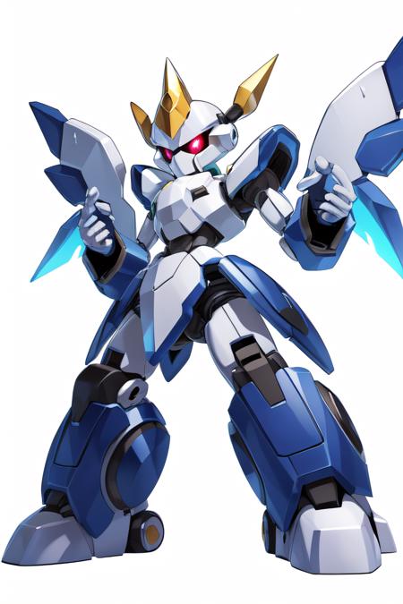 solo digital image of a humanoid robot (MedabotV2) with halo horns, no mouth and sharp angular body and wings with 2 arms, 2 hands, 2 legs, and glowing eyes, looking at viewer in full view with a random pose, symmetrical body, symmetry, white background, simple background, 