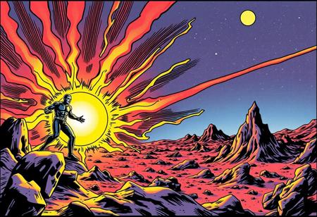 Comic book in the style of Jack Kirby, a 'super hero' stupidly brings the sun to the Earth's surface, chaos ensues,