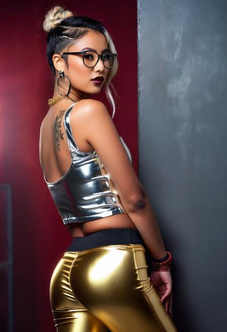 (RAW photo, subject, 8k uhd, dslr, soft lighting, high quality, film grain, Fujifilm XT3, masterpiece, best quality, extremely detailed photograph, volumatic light, ray tracing, bust shot , extremely detailed 8k wallpaper, nsfw), abstract fashion portrait of (3 girls:1.8), ((a 24yo african or south american girl and a 19yo german OR KOREAN girl)) , (black or brown or white skin), (long or medium lenght straight wavey black or brunette or blonde hair), (silver and golden and dark red streaks:1.8), chin bangs, dread hairstyle, braid hairstyle, braid on one side, ponytail, delicate face and eyes, (big:1.8) breast, perky tits, small waist, hourglass figure, (glasses:1.4), (tattoos:1.8), (piercings:1.8),(nose piercing:1.8), (many piercings in ear:1.8), (glitter bodypaint on shoulder), wearing (tight and skinny sexy colorful metallic crop top), (long golden satin gloves) and (golden short skinny pants,  sexy pose, in photo studio, dark walls, spot light, smile, hdr