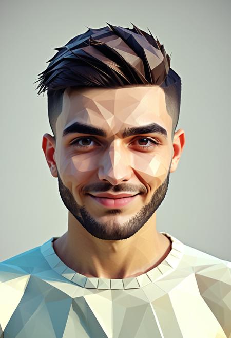 man made of polygon, hair made of polygon, clothes made of polygon, Polygonal shapes, geometric designs, three-dimensional models, ((low poly)), minimalism, straight on view, a young greek man, fashion model, ceasar with fade (haircut), raised eyebrows with a crooked smile and a knowing look, Close-Up Shot, (((polygon)))