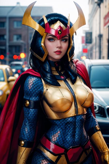 straight-on,pose,looking at viewer, solo,  BREAK,
CARTOON_DC_big_barda_ownwaifu, www.ownwaifu.com,
breasts, large breasts, tall female, makeup, lipstick, lips, blue eyes, black hair, curvy, toned, 
cape, helmet, armor, red cape, gloves, superhero, bodysuit, fishnets, yellow gloves, fishnet bodysuit, shoulder armor, belt, breastplate, gold armor, horns, 
<lora:CARTOON_DC_big_barda_ownwaifu-15:0.85>, official art,extremely detailed CG unity 8k wallpaper, perfect lighting,Colorful, Bright_Front_face_Lighting,shiny skin, (masterpiece:1.0),(best_quality:1.0), ultra high res,4K,ultra-detailed, photography, 8K, HDR, highres, (absurdres:1.2), Kodak portra 400, film grain, blurry background, (bokeh:1.2), lens flare, (vibrant_color:1.2),professional photograph, (beautiful_face:1.5),