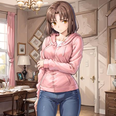 Ayako_Mitsuzuri a female anime character wearing skirt and black blouse standing  crossed arms, 1girl, solo, school uniform, homurahara academy school uniform, brown hair, crossed arms, skirt, short hair