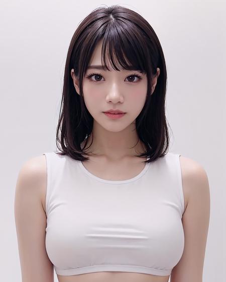 best quality, RAW, detailed, photorealistic, 8k, high res, 1girl, woman, (portrait:0.6), gorgeous, ((whitebackground:2.5)), ((white sleeveless tshirt:2, smallsize round breast:1.5)),  (head straight-looking at viewer:2.2), (1girl eyes looking at viewer, short-length straighthair,  blackhair, bangs:1.65), photorealistic, (bokeh), (closed mouth:1.3), gorgeous, pureerosface_v1,  <lora:AVID-saika:0.47> <lora:GRAV-:0.7>