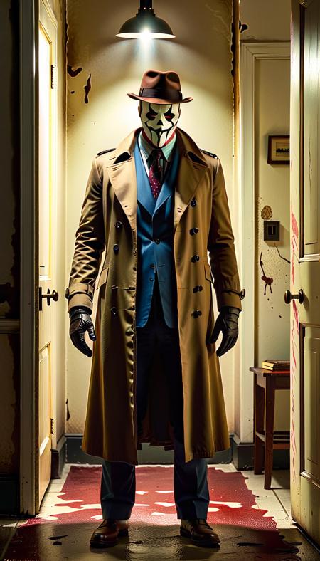dark and gritty scene, Rorschach in his trench coat and mask, investigating the Comedian’s bloodstained apartment, dim light from a flickering lamp casting shadows on the walls, Rorschach’s expression intense, foreboding and suspenseful atmosphere, cinematic lighting, centered, highly detailed, character sheet, artstation, concept art, smooth, sharp focus, illustration.
