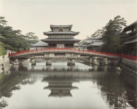 <lora:Kozaburo_Tamamura_style_v2:0.7>, outdoors, sky, day, cloud, water, tree, no humans, traditional media, reflection, watercraft, architecture, bridge, east asian architecture, landscape, ambiguous gender, reflective water, Tamamura, realistic, photorealistic