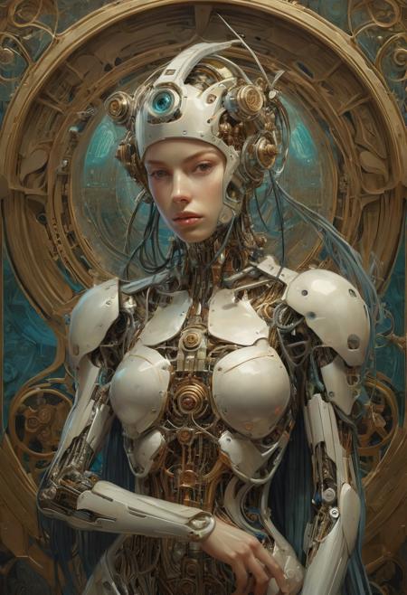 Cyborg android, fantasy, pre-raphaelite style, sinozick, Alphonse Mucha, Agostino Arrivabene, Peter Mohrbacher