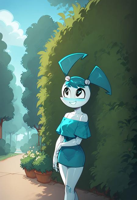 (Masterpiece, best quality:1.2), score_9, score_8_up, flat color, flat shading, soft shading, lighting, Jenny Wakeman in a short blue dress, twintails, blue hair, My Life as a Teenage Robot, series accurate, cute, best high quality, high res, robot, humanoid robot, fl0unc3dr355, dress, off shoulder 1girl, solo, outside, in a garden, clear blue sky, sunny day, cowboy shot, cute, shy, adorable, smile, cartoon style,