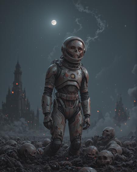 (One single red and black flower in the foreground.:1.2) Midnight, HR Geiger, gothic, horror, fog, ghostly, ghastly, dark graveyard, (dead bodies of alien astronaut corpses on the ground:1.2), crashed alien UFO, smoke, fire, sadness, haunting atmosphere, (32K resolution, masterpiece, ultra high quality, best quality, ultra high definition, Incredibly detailed, RAW, ultra super realistic, photorealistic, exquisitely detailed, extremely intricate, 8k UHD, high resolution), vast open view in the background, 35mm photograph, film, bokeh, professional, 4k, highly detailed dynamic lighting, photorealistic, raw, rich, intricate details, (moon in the sky:1.4), milky way, city lights in the distance.