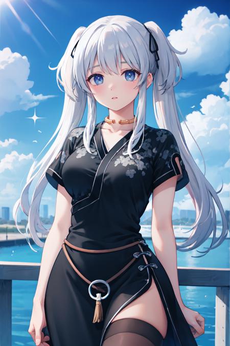 BREAK cowboy shot
BREAK white hair, black ribbons, twintails, blue eyes, black dress, neck ring, side slit, belt, long hair, brown thighhighs,
BREAK clouds, lens flare
<lora:nao:1>