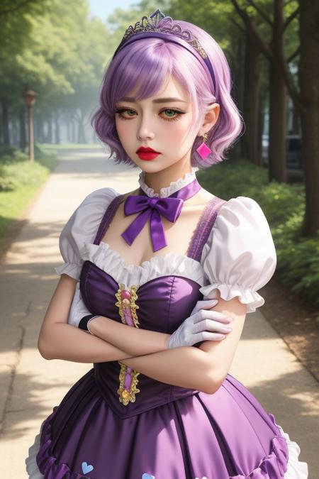 1girl, zadrisdm, pointed ears, yellow eyes, grey skin, short hair, dark purple hair, masterpiece, best quality, absurdres, gradient hair, multicolored hair, colored tips, medium breasts,
(pastel theme) magical girl, (pastel purple), bustier, magical girl dress, madoka dress, pastel colors, kawaii, frilled skirt, petticoat, thighhighs, puffy dress, puffy short sleeves, gloves, tiara hairband, gem brooch, bow, ribbons, lace trim, frills, frilled fabric, sparkles, glitter, heart earrings, heart accessories, jewelry, frilled boots,
lipstick, pink lips, long eyelashes, pink eyeshadow, light blush, makeup,  
outdoors, nature, clouds,
solo, cowboy shot, looking to the side, half-closed eyes, pouty lips, pout, :T, crossed arms, annoyed, eye twitch