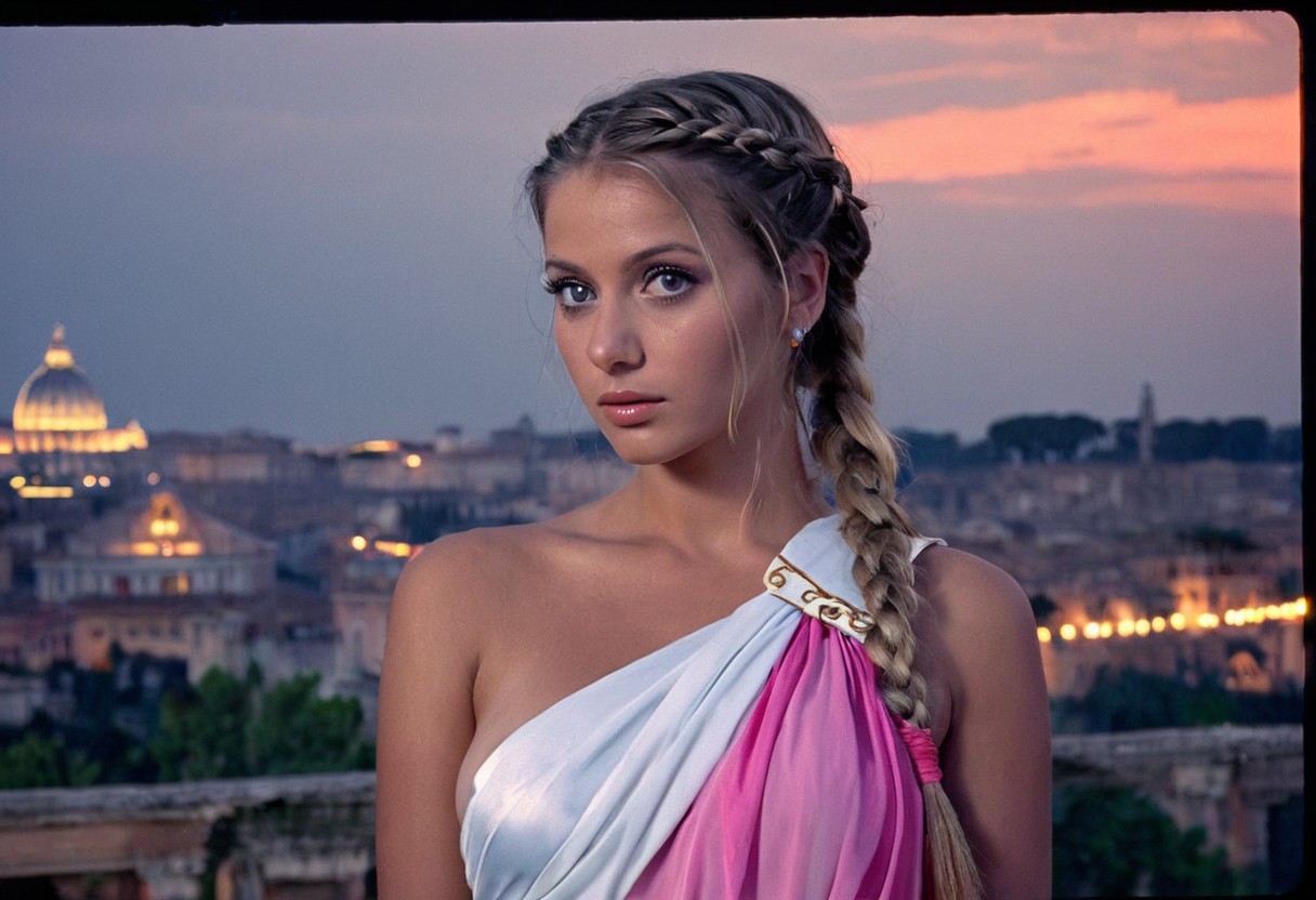 Upper Body Photo. 1female. In a (revealing pink and white toga). Striking features. Beautiful and elegant. Highly detailed beautiful expressive eyes. Vivid color. Half-Up Side Braid. Vast open view of Rome in the background. Photorealistic, Natural atmospheric lighting, intricate details, 35mm photograph, film, professional, 4k visuals, highly detailed, elegant, studio quality.