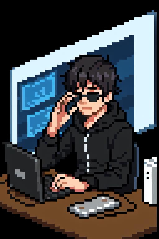A young man wearing sunglasses and a black hoodie is working on a laptop computer.