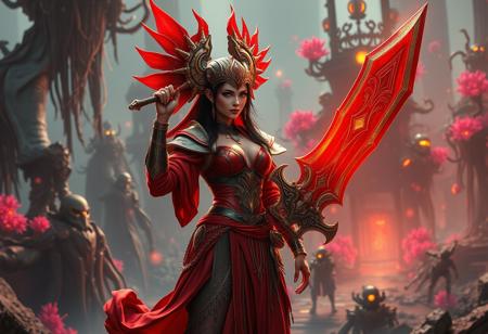 An epic, award-winning digital painting of the Female Lilith, Lady of Lament, rendered with meticulous detail in the style of Unreal Engine 5 and Octane Render. She stands as the central, dominant figure within a sprawling, fantastical scrapyard, reimagined as a monument of forgotten civilizations. Her vibrant red and gold outfit and matching elaborate headpiece are depicted with incredible artistic brush strokes and sharp lines, showing every stitch and embellishment. Her large, ornate sword is held firmly in her right hand, gleaming with magical energy, while her left hand rests defiantly on her hip. The background is a breathtaking matte painting, featuring towering structures of salvaged tech and gnarled metallic flora, bathed in captivating, multi-colored neon-like lighting. The composition boasts a dynamic action pose from an isometric perspective, highlighting her powerful, creative angle. Super detailed face and eyes radiating vivid emotions and a joyful impact, handcrafted with precision. 4K, impeccable composition, stunning harmonious colors, contemporary aesthetics, CGSociety, trending on ArtstationHQ.