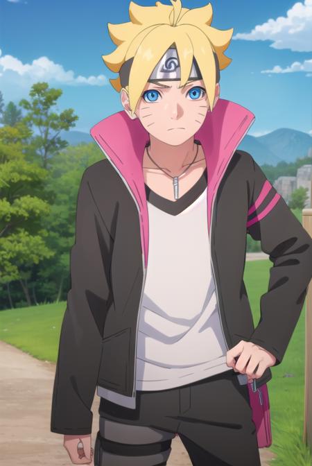 borutouzumaki, <lora:boruto uzumaki-lora-nochekaiser:1>,
boruto uzumaki, short hair, blue eyes, blonde hair, male focus, facial mark, spiked hair, whisker markings, forehead protector,
BREAK shirt, long sleeves, jewelry, jacket, white shirt, open clothes, pants, necklace, open jacket, black jacket, black pants,
BREAK outdoors, forest, nature, trees, grass, sky, clouds, sun,
BREAK looking at viewer, (cowboy shot:1.5),
BREAK <lyco:GoodHands-beta2:1>, (masterpiece:1.2), best quality, high resolution, unity 8k wallpaper, (illustration:0.8), (beautiful detailed eyes:1.6), extremely detailed face, perfect lighting, extremely detailed CG, (perfect hands, perfect anatomy),