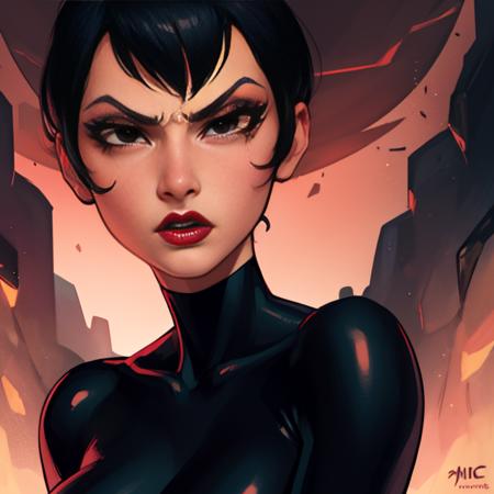 Ashi , short black hair, pointy hair, red lipstick,black eyes, serious expression, close up, 
dark caves, red lighting, dark corners,
(insanely detailed, beautiful detailed face, masterpiece, best quality)
<lora:Ashi:0.8>