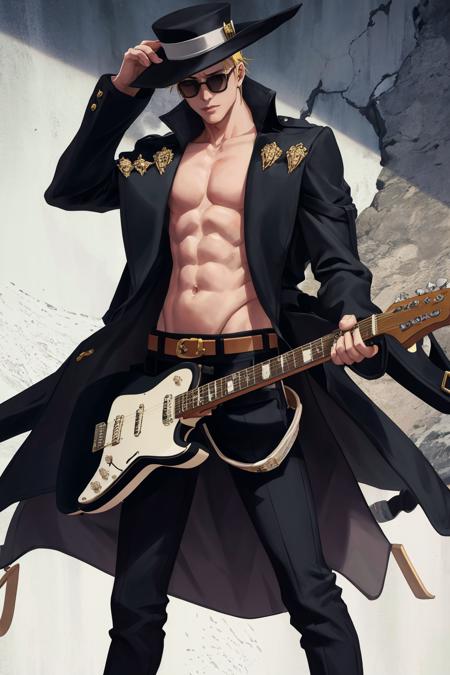 masterpiece, best quality, 1boy, soplo, standing, <lora:johnny-gg-richy-v1:1> johnny, coat, sunglasses, hat, guitar, rock star, belt, huge belt