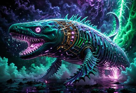 Ultra-detailed painting of a 'Clockwork Leviathan' — a colossal biomechanical whale floating in a neon-drenched void, its metallic ribs exposing gears that turn with liquid mercury. Thousands of tiny humanoid figures crawl inside its machinery, maintaining the illusion of life. The creature's eye is a shattered portal to a dying star, and its tail dissolves into fractal smoke. Style: hyper-realistic oil painting meets glitch art, with insane texture contrast (smooth chrome vs. cracked porcelain skin). Lighting: toxic green and deep violet, as if the scene is lit by a dying galaxy <lora:FluxDFaeTasticDetails:1> <lora:glowneon_xl_v1:1> glowneon, glowing, sparks, lightning  <lora:aidmaImageUpgraderSDXL-v0.3:1> aidmaImageUpgrader