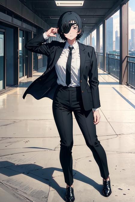 (masterpiece:1.2), himeno, 1girl, solo, looking at viewer, short hair, shirt, black hair, office background, standing, jacket, full body, white shirt, necktie, collared shirt, pants, black jacket, brown footwear, black pants, left eyepatch, formal, suit, black necktie, shirt tucked in,  <lora:himeno:1>