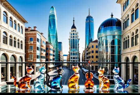 masterpiece, best quality, whimsical, murano_glass_style, futuristic cityscape with towering skyscrapers made of multicolored Murano glass, bustling with glass people and vehicles, sunlight bouncing off the glass structures, vibrant glass reflections, set in a lively urban environment, a glass cat perched on a glass balcony, overlooking the city, nearby a glass musician playing a glass violin, filling the air with enchanting melodies, intricate glass street lamps and benches lining the streets, the entire city glowing with colorful reflections, a harmonious blend of art and architecture, showcasing the elegance and complexity of Murano glass craftsmanship