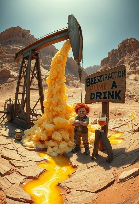 “A massive industrial oil extraction pump working tirelessly in a rugged desert landscape. Instead of crude oil, golden frothy beer erupts from the pierced ground, splashing chaotically under the scorching sun. Foamy rivers of beer flow through the cracked earth, reflecting warm amber hues. Nearby, Sideshow Bob, wearing a rugged oil worker’s suit, stands with a smug expression, arms crossed as he watches the beer gushing. His wild red hair contrasts against the industrial scene. A weathered, rotten wooden sign leans precariously near the pump, with faded, barely legible text: ‘BEERSTRACTION PUMP’ and ‘BUZZ 4 A DRINK’ scrawled in messy, dripping paint. The shot is taken with an extreme 12mm fisheye cinema lens, creating a dramatic, distorted perspective—curved horizon, exaggerated depth, and an immersive wide-angle view. Ultra-detailed, hyperreal textures with a painterly touch, deep contrast, and dynamic lighting.”