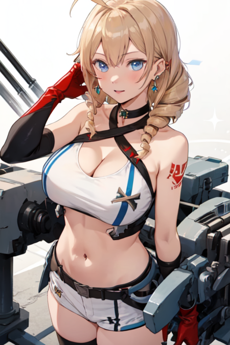 ChicagoAzurLane, 1girl, solo, long hair, blue eyes, blonde hair, large breasts, thighhighs, elbow gloves, navel, cleavage, bare shoulders, jewelry, collarbone, ahoge, sidelocks, earrings, white shorts, sleeveless, choker, midriff, crop top, micro shorts, tattoo, halterneck, single thighhigh, twin drills hair, red gloves, criss-cross halter, 