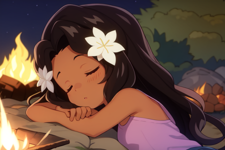 rwleiko, hair flower, dark skin, sleeping, campfire, night