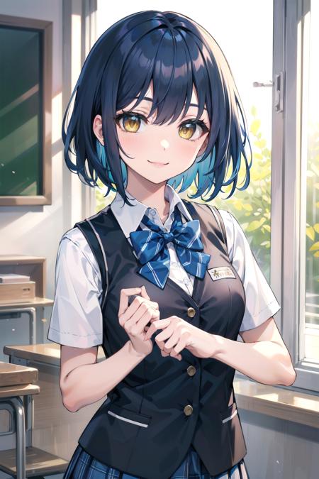 masterpiece, best quality, short hair, blue hair, yellow eyes, indoors, medium breasts, school uniform, bowtie, black vest, smile,