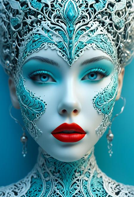 A female character features a porcelain face and red lips, set against the backdrop of a hyper-realistic sci-fi style. The composition is dominated by turquoise and blue hues, with intricate patterns and details to highlight the epic fantasy scenes. Capture the essence of hyper-realistic portraits, while emphasizing contrasting shadows for a dramatic effect. Incorporate junglecore elements to heighten the overall atmosphere of the piece.