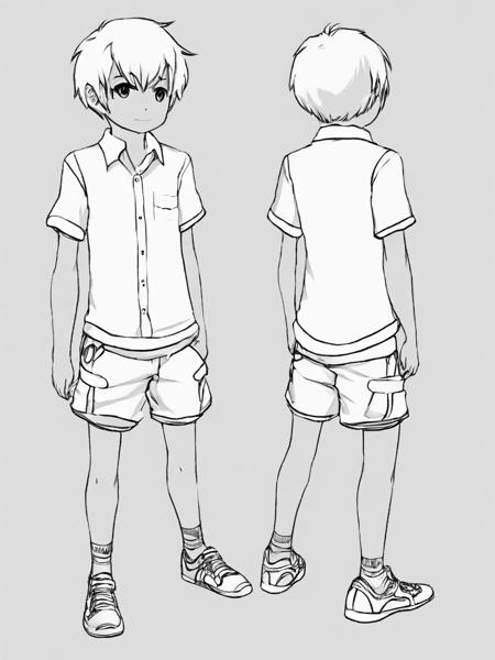 1boy, aogami, lineart, monochrome,full body,shirt,shorts, <lora:aogami_v12:1>