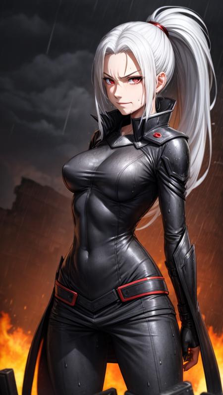 darknight, dark, burning city in the backgorund, destroyed city, woman, 18 years, intense angry face, small tits, evil smile, raining heavily, ponytail white hair, cute, looking viewer, complete red fire armor, wet body, raindrops on face, wet hair, raindrops on clothes, close mouth, slim hips, , AS-Adult,,full_body,skirt_wind <lora:Mild detail adjusterV10:1.0> <lora:detailmaker:1.0>