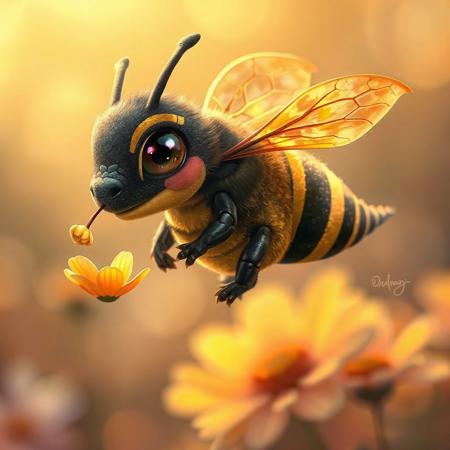 In this vibrant, highly detailed digital painting, a charming dragon-bee hybrid hovers gracefully in mid-flight. Its plump body, a delightful blend of dragon and bee, is adorned with soft, velvety scales in bold black and yellow stripes that shimmer beautifully in the light. The creature’s oversized eyes, sparkling with intelligence and a playful hint of mischief, captivate the viewer, while its tiny proboscis curls adorably as it sips nectar from a glowing flower with petals mirroring the iridescence of its scales. Its wings, a stunning fusion of dragon grandeur and bee-like translucency, flutter softly with a gentle hum, casting a warm golden glow. The hybrid’s legs—cute, miniature talons wrapped in fluffy fuzz—dangle playfully, dusted with golden pollen that adds to its whimsical charm. The background fades into a dreamy blur of warm, pastel tones, with soft bokeh suggesting distant flowers. Bathed in the tender glow of golden hour light, the scene highlights every enchanting detail, creating a fantasy-inspired yet heartwarming portrayal of this adorable creature.