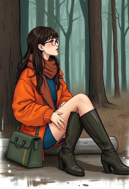 znchn style、Official、​masterpiece、Beautiful fece、highly contrast、art by、Sexy One Girl Waiting For Lover、portraitures、long court、long boots、sockes、sitted、hand between legs、brown haired、bluntbangs、long shoulder hair、bags、lips eyelashes、the woods、Blue sweater、eye glasses、Orange jacket、scarf、illustratio、Subtle Colour、profile、Subtle Colour、post grunge、concept-art、Paint Splatter、intricate-detail。Highly detailed and detailed eyes、Trending in art stations、Jothan Gonzalez and Rop、James Jean、Victon Gai、David Rabun、Mike Mignola、Lauri Lee、masutepiece、top-quality、