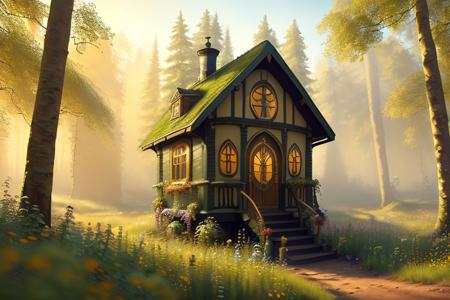 (Painting:1.3) of (Award-winning photograph), (one hobbithouse in the middle of the forest), (Low-angle perspective), (natural lighting), (Wide-angle lens capturing scenery), hidden objects games, video game concept art, (8K Unity wallpaper), fine details, award-winning image, highly detailed, 16k, cinematic perspective, ((video game environment concept art style)), pretty colors, cinematic environment