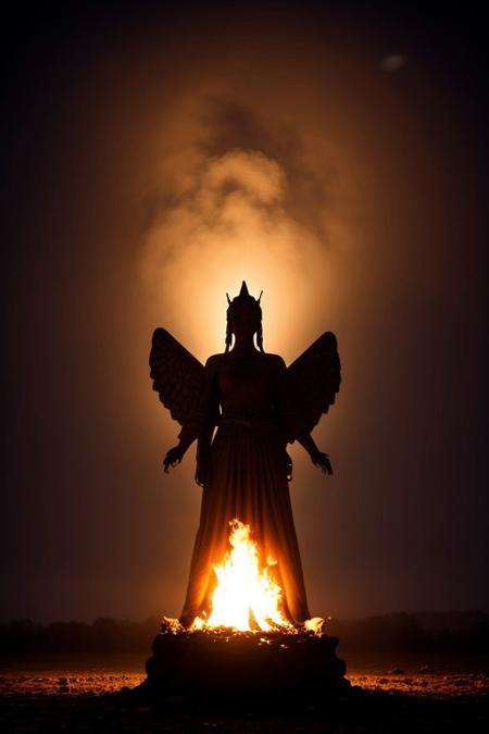 Slow Shutter Speed shot of a [Burning|Icy] ("The Angel Statue - Azurune of Mana":1.1) , Spring, Lord of the Rings, Post-Apocalyptic Art
