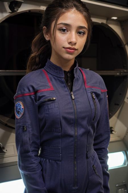 r1ta-001,  ent_uni, blue jumpsuit, zipper, unzipped, black shirt, red shoulders, flight patch, scifi starship background, looking at viewer, ponytail, smile. <lora:uni_st_ent:0.85>,