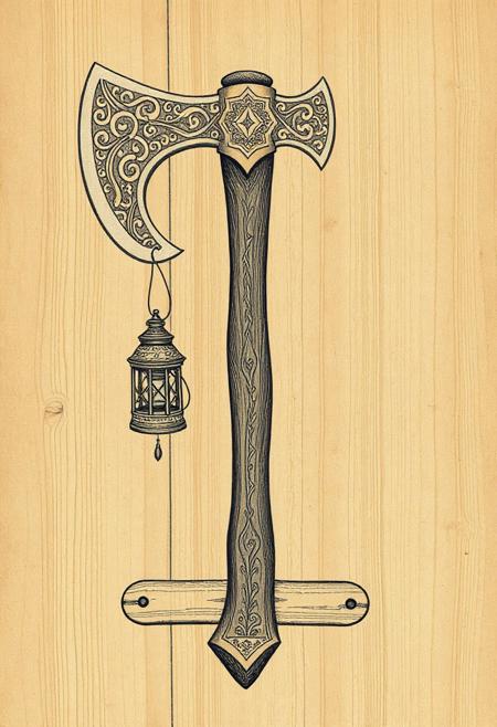 Drawing, not realistic, (figured Viking axe in the form of the number seven:1.5), pattern on the axe, medieval ornaments and runes, a very ancient medieval lantern hangs on the axe, under the axe are two oblong horizontal wooden tablets, wooden background