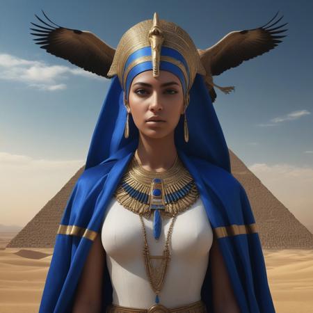 Egyptian goddess Maat represented as a winged woman, 
with royal blue robes and golden ornaments, 
with an ostrich feather on her head, 
desert background and a pyramid in the distance, 
artistic hyper realism., 
black and white still, 
digital Art, 
perfect composition, 
beautiful detailed intricate insanely detailed octane render trending on artstation, 
8 k artistic photography, 
photorealistic concept art, 
soft natural volumetric cinematic perfect light, 
chiaroscuro, 
award - winning photograph, 
masterpiece, 
oil on canvas, 
raphael, 
caravaggio, 
greg rutkowski, 
beeple, 
beksinski, 
giger
