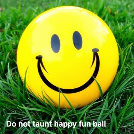 a bright yellow playground ball with a black smiling face on it lays in the grass. under the image is the caption, "Do not taunt happy fun ball."