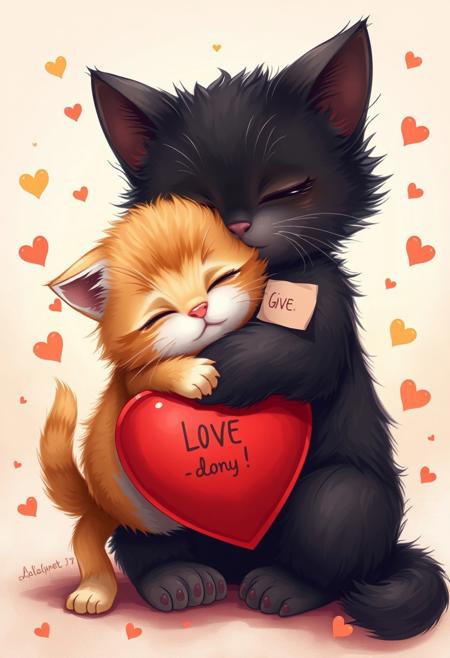 high quality, ultra detailed, colorful, dark fantasy, bo-abyss, bo-neon, ArcaneFGTNR, a digital illustration in a whimsical, romantic style, it features two small, adorable kittens in a loving embrace, the kitten on the left is a small, fluffy orange and white cat with closed eyes, holding a large, red heart in its paws, its fur is soft and fluffy, and its ears are perked up, giving it a content and relaxed expression, the cat on the right is a larger, fluffy black kitten with a soft, fluffy texture, its eyes closed in contentment as it holds the heart close to its chest, the background is a soft gradient of beige and white, with scattered golden hearts and small red hearts floating around them, creating a romantic and dreamy atmosphere, the overall color palette is warm and inviting, with soft, warm tones that enhance the cozy and intimate feel of the scene, the illustration is highly detailed, with a focus on soft textures and delicate, almost ethereal quality, making it a captivating and romantic piece of art(((( small note on heart: "Give buzzes meow"))))