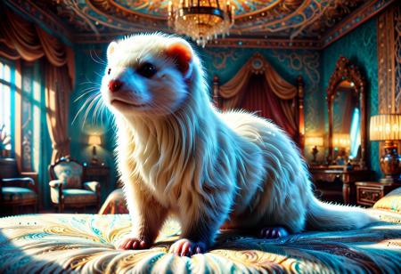 a white ferret made of w00kiee, standing on a luxurious bed in a high-end bedroom, intricate details, morning light, raw photo, cinematic, highly detailed, bright colors, aesthetic, fine detail, polished, complex, vibrant, symmetry, full color, perfect, ambient, unique, illuminated, epic, best, artistic, quality, dramatic, beautiful, stunning, flawless, extremely, very inspirational