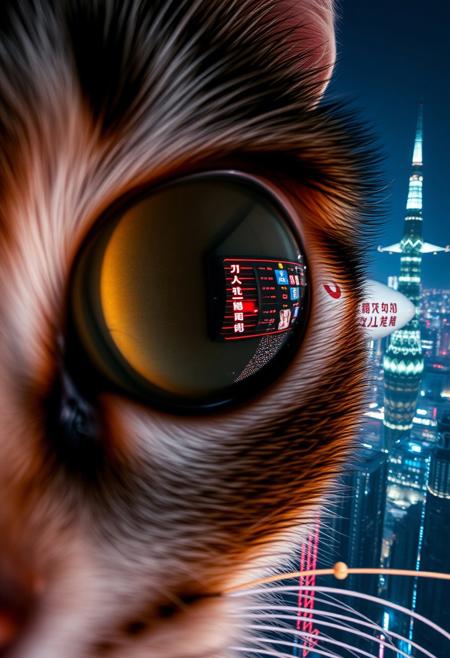 extreme close up portrait of a cat's eye reflecting the a futuristic Tokyo skyline at night from a very high level, the skyline is with futuristic skyscrapers and futuristic transports and futuristic aircraft and spaceships in a variety shapes and sizes, the airships covered with lights and advertisements in Japanese,  reflecting in the cat's eye is a huge airship that has an advertisement with a Japanese cat on the side, the cat's eye has takes up 85% of the image