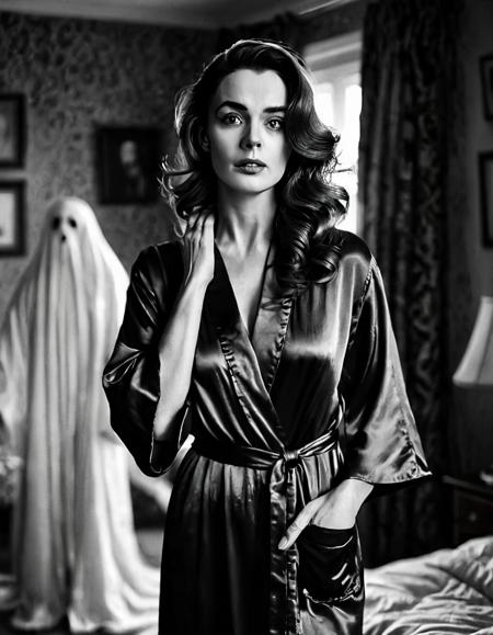 vintage noir black and white photo of a woman in her bedroom wearing a silk robe (((with a realistic ghost in the background))), she has a nervous facial expression and is clutching her robe, portrait