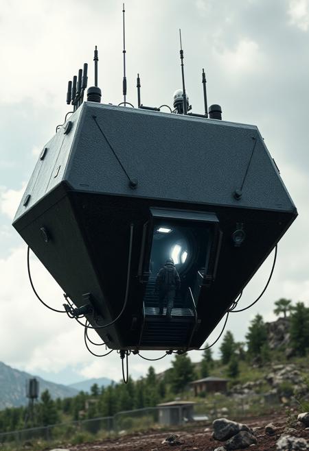 ultra high resolution, masterpiece, best quality, small featureless angular glossy black spacecraft with a heavily textured surface hovering low to the ground, underneath the spacecraft are cables hoses and wires, antennas on top, cables hanging from below, rectangular in shape, futuristic world, post apocalyptic landscape, anti gravity, in the atmosphere, sky, clouds, ground visible, hovering,  green trees and hills, rocky outcroppings, small buildings, chain link fence, small open entrance ramp at the lower edge of spacecraft, soldier in dark armored spacesuit debarking from brightly backlit entrance,