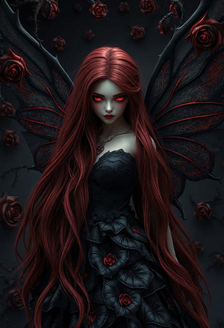 A photorealistic 3D artwork of a stunning fairy with a crimson and black theme inspired by black roses and dark magic. Her long, flowing hair, a deep, rich crimson, cascades down her back like rivulets of blood. Her eyes, a piercing, glowing crimson, hold an intense, almost hypnotic gaze. Her wings, delicate yet powerful, are crafted from a shadowy, translucent black material, veined with crimson lines resembling the thorns of a rose. She is adorned in a gown of shimmering, layered black fabric, reminiscent of unfolding black rose petals, giving her a darkly elegant and regal presence. The scene is enveloped in swirling fractal patterns inspired by thorny vines and the spiraling centers of black roses, creating a dramatic and mysterious atmosphere. The overall composition is rich in contrast and texture, with a gothic, almost surreal quality that brings the fairy and her surroundings to life in a dramatic interplay of crimson and black