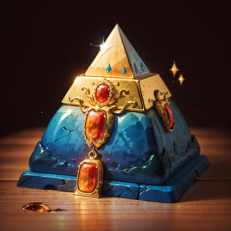 A blue and gold Egyptian inspired pyramid with golden accents and a red gemstone.