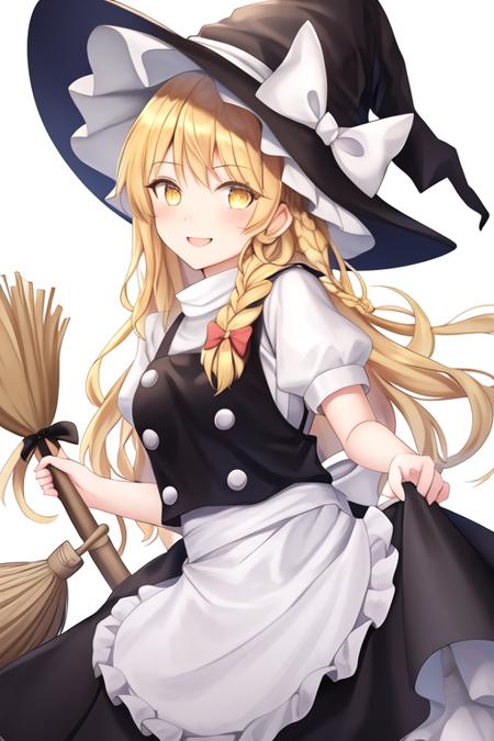 masterpiece, best quality, highres, solo, {kirisame_marisa_touhou:1.10}, blonde_hair, long_hair, hat, witch_hat, bow, yellow_eyes, braid, single_braid, hat_bow, smile, hair_bow, apron, white_bow, 1girl, short_sleeves, dress, looking_at_viewer, waist_apron, broom, puffy_sleeves, ribbon, star_\(symbol\)