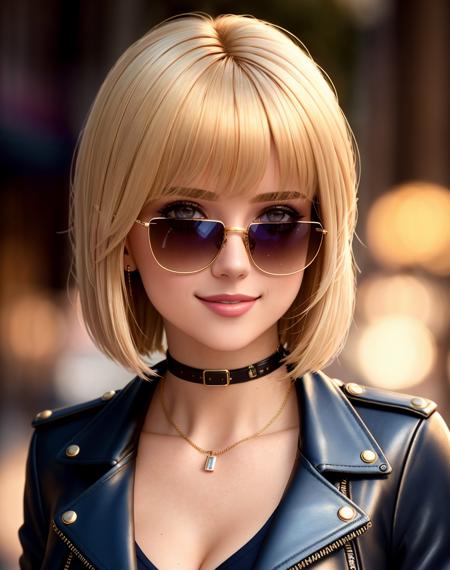 4K, Masterpiece, highres, absurdres,natural volumetric lighting and best shadows, deep depth of field, sharp focus, smiling,soft delicate beautiful attractive face,
blonde Nadia with sunglasses and a choker, leather jacket, miniskirt,parted lips, smile,
with an edgBobCut_hairstyle posing for a picture, blunt bangs,
cowboy shot,<lora:Nadia:0.3> <lora:edgBobCut:1>