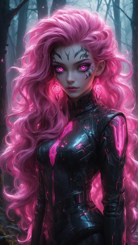 A close-up portrait of a pink-haired woman with striking, vivid makeup, standing in a dark, foggy forest. Neon lights from her eyes reflect off her glowing pink curls, creating an otherworldly effect. Hyper-detailed, high contrast, cyber-fantasy style, mystical atmosphere. from above,