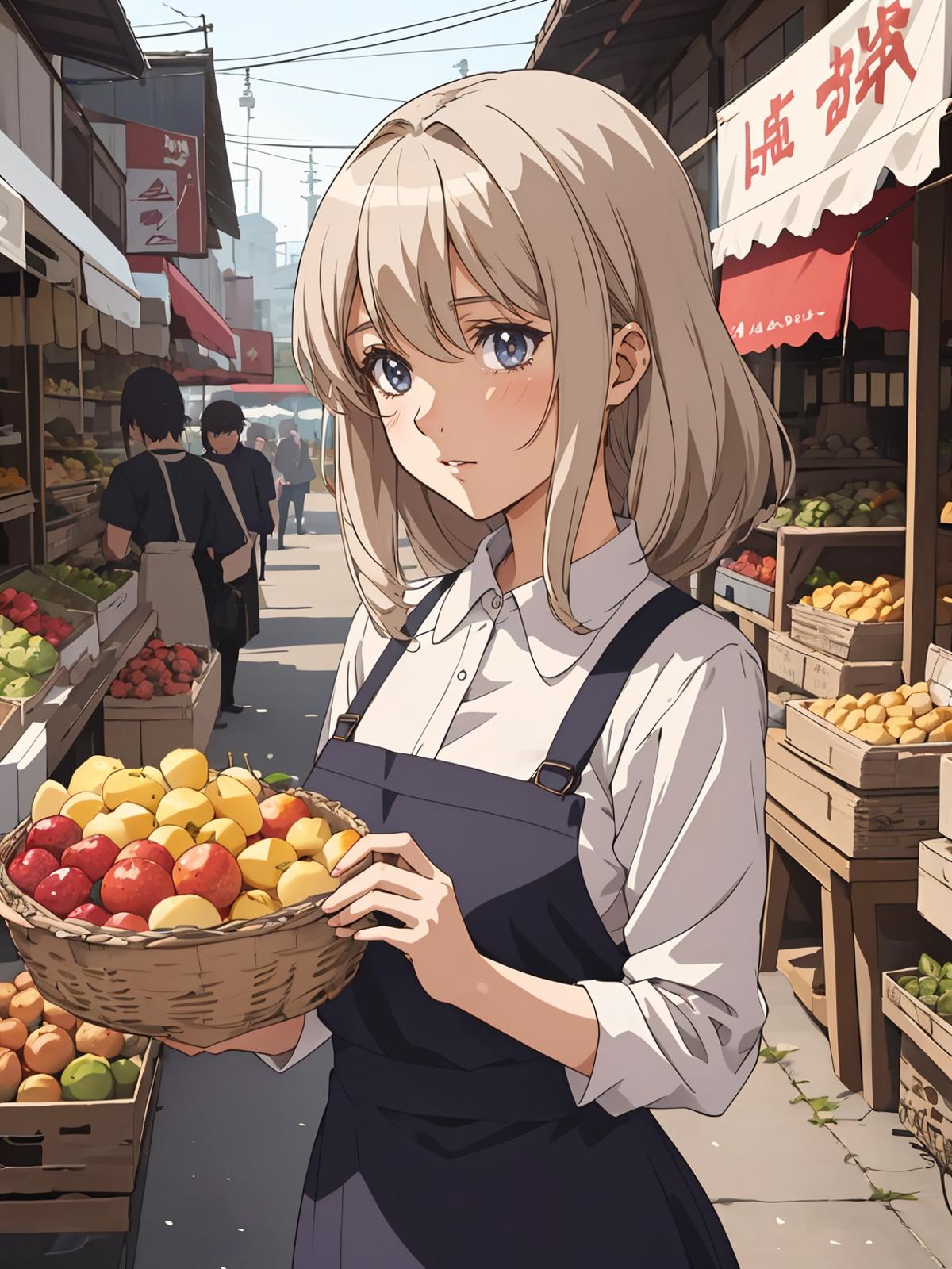 A blonde woman holding a basket of fruit.